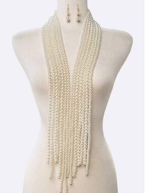 Multi-Strand Pearl Fringe Necklace Set - Cream Pearl
